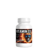 A bottle of Vitamin D3 softgels with a label featuring a metallic skull and crossbones design.