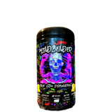 Pre-workout supplement container with colorful design on white background