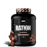 A black plastic jar of RATION whey protein powder with a label showing chocolate pieces and text indicating 65 servings, alongside a checkered lid and a spoon.