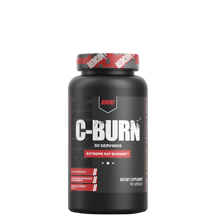 A container of C-BURN Extreme ThermoGenic Fat Burner dietary supplement with red and grey label, branded by RedCon1.