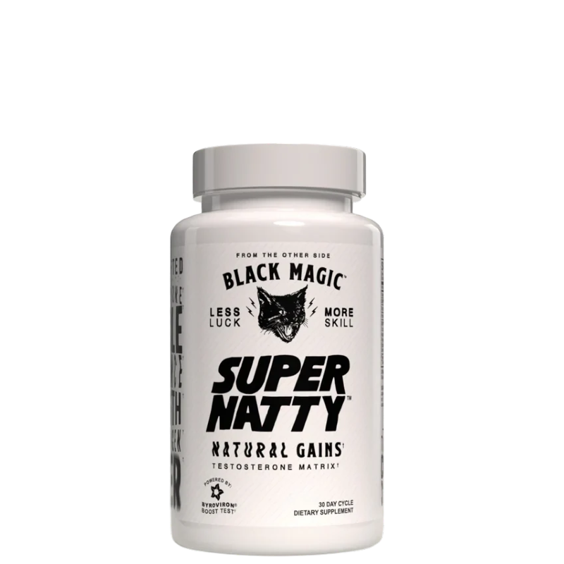 A white bottle with a black label featuring the product name 'Super Natty' and the brand 'Black Magic'. The label also includes the tagline 'Natural Gains' and mentions 'Testosterone Booster'.