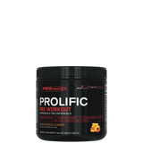 A container of PEScience Prolific Pre-Workout supplement with red and black labeling.
