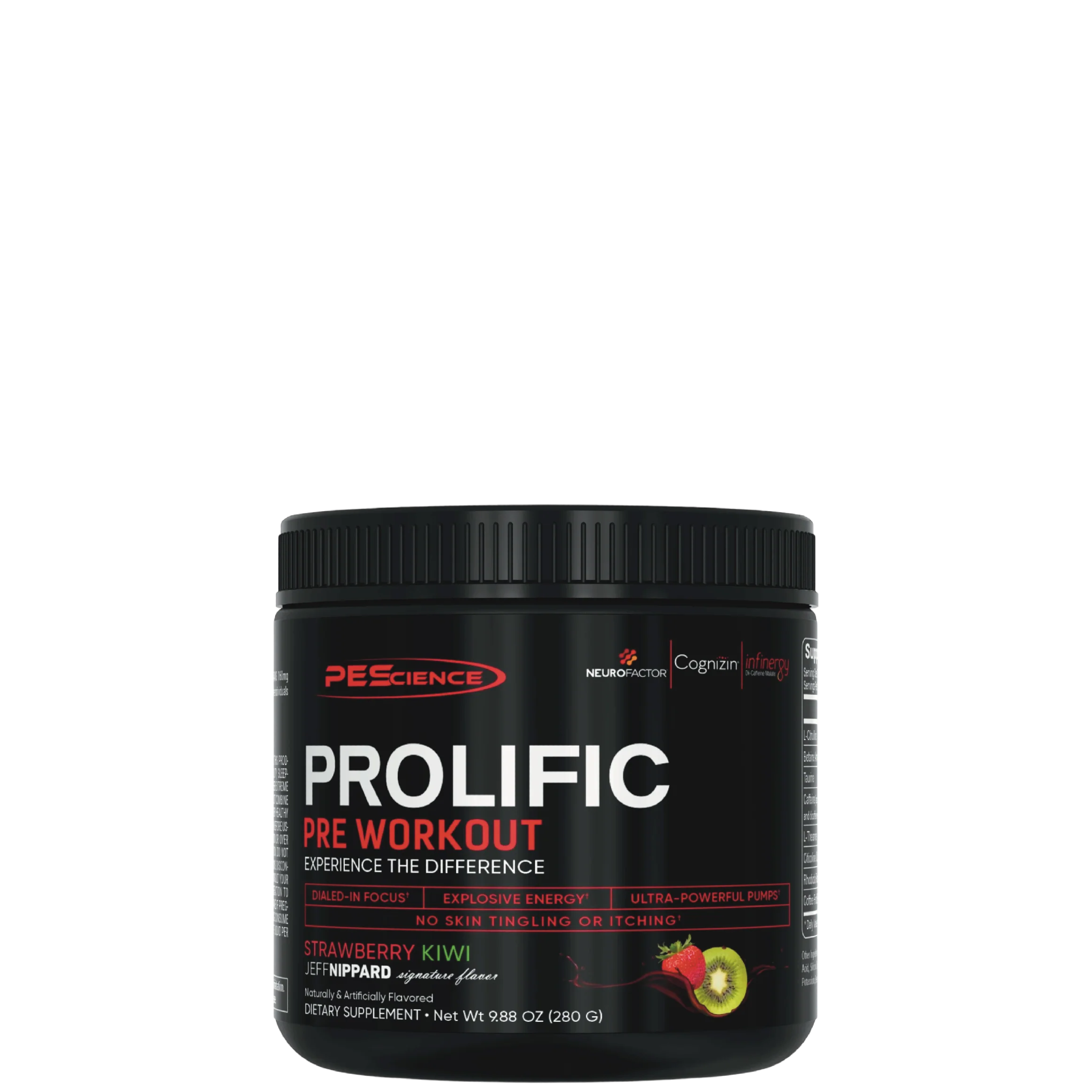 A container of PEScience Prolific Pre-Workout supplement with red and black labeling.