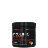 A container of PEScience Prolific Pre-Workout supplement with red and black labeling.