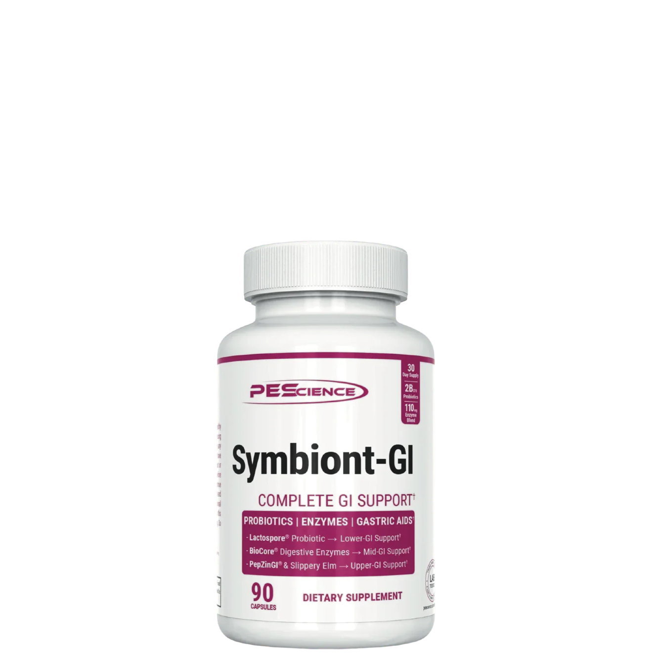 A bottle of Symbiont-GI Gut Support dietary supplement with 90 capsules, labeled as supporting complete GI health.