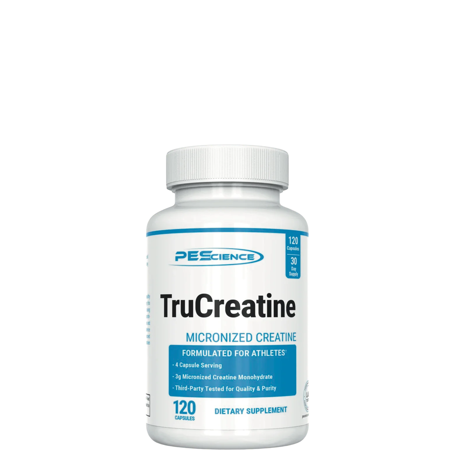 A bottle of TruCreatine Capsules by PEScience, with the label displaying the product name and the statement 'Micronized Creatine'. The bottle contains 120 capsules intended for athletic use.