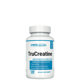 A bottle of TruCreatine Capsules by PEScience, with the label displaying the product name and the statement 'Micronized Creatine'. The bottle contains 120 capsules intended for athletic use.