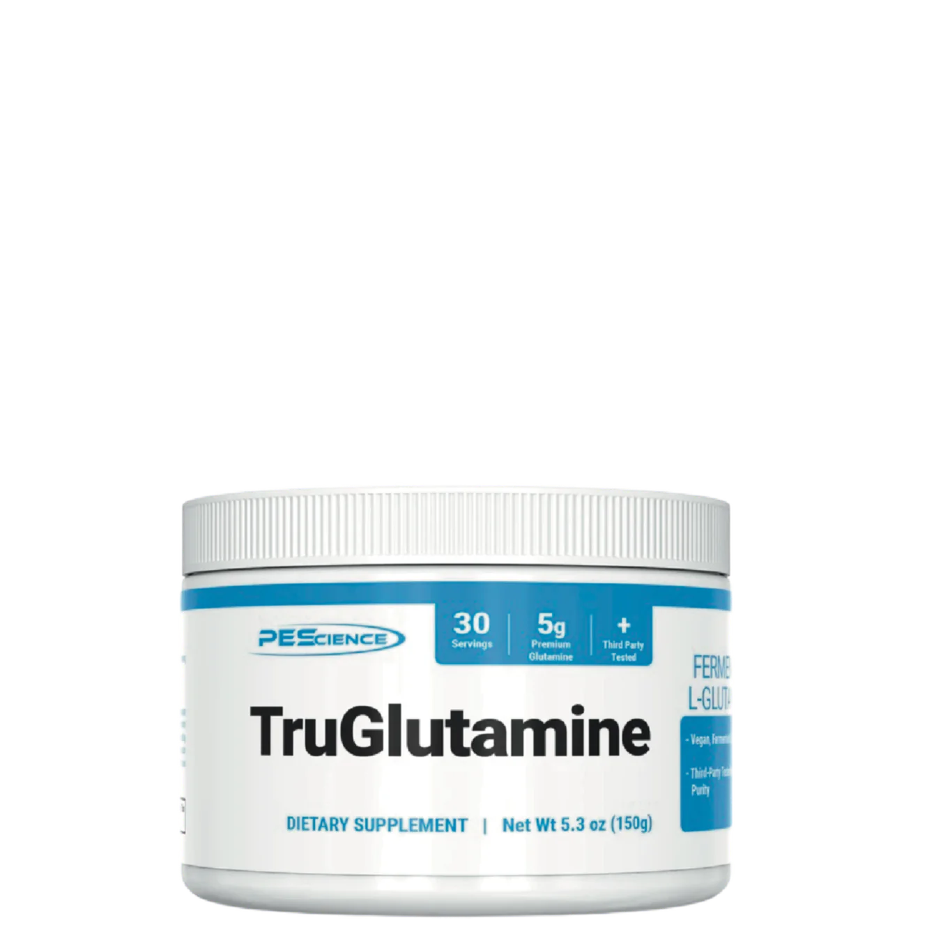 A container of TruGlutamine Powder by PEScience, indicating 30 servings of 5g L-Glutamine per container, with a neutral taste.