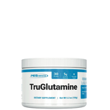 A container of TruGlutamine Powder by PEScience, indicating 30 servings of 5g L-Glutamine per container, with a neutral taste.