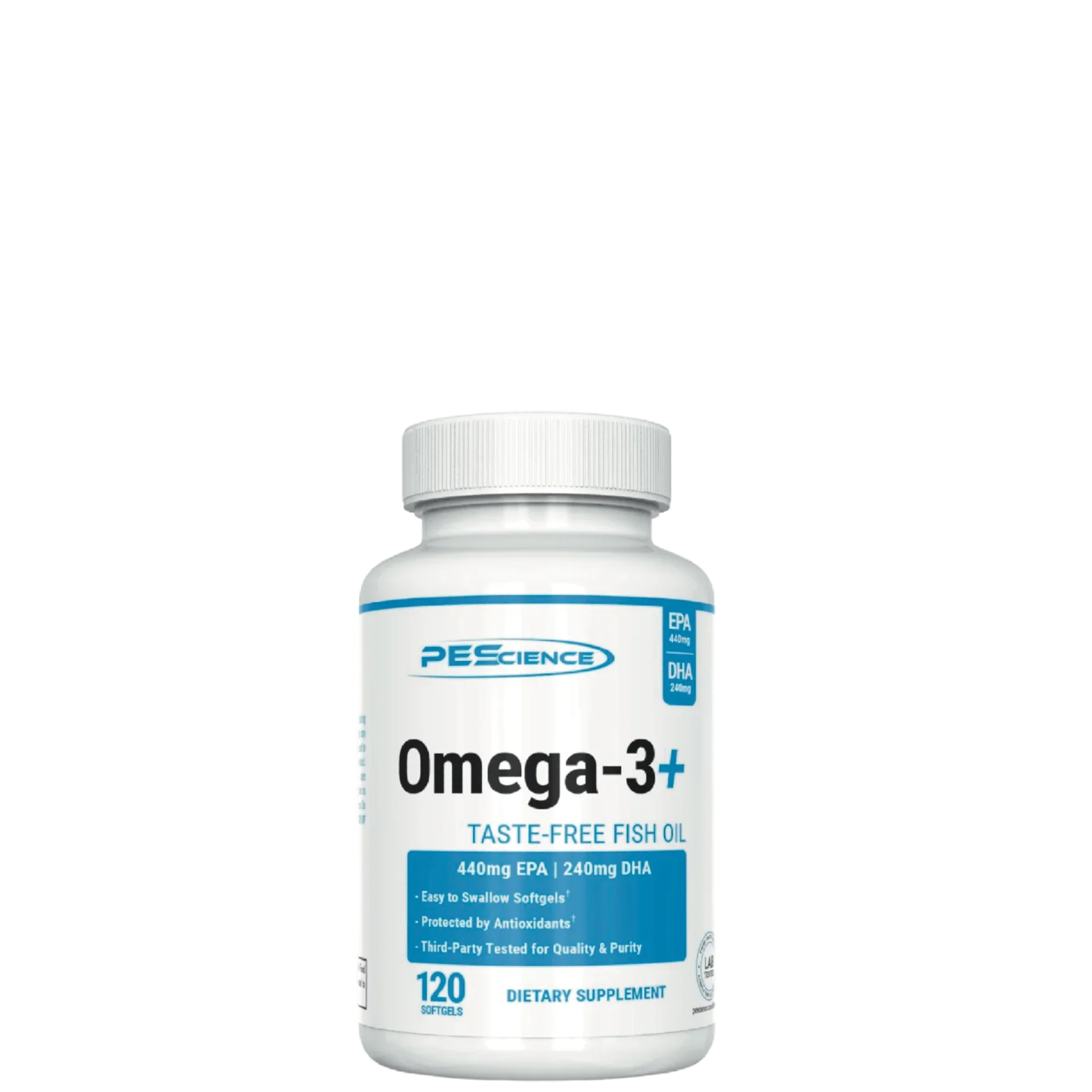 A bottle of PEScience Omega-3+ softgels, which are dietary supplements containing EPA and DHA.