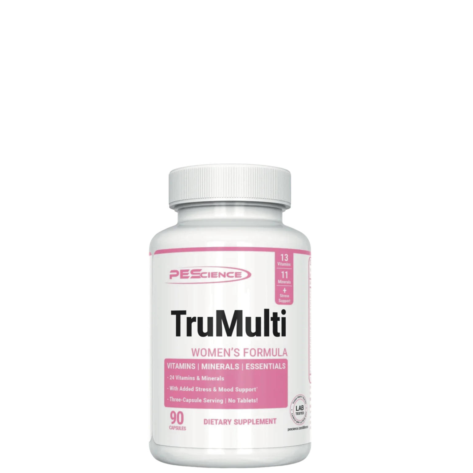 A bottle of TruMulti Women's Multivitamin by PEScience with 90 dietary supplement capsules.
