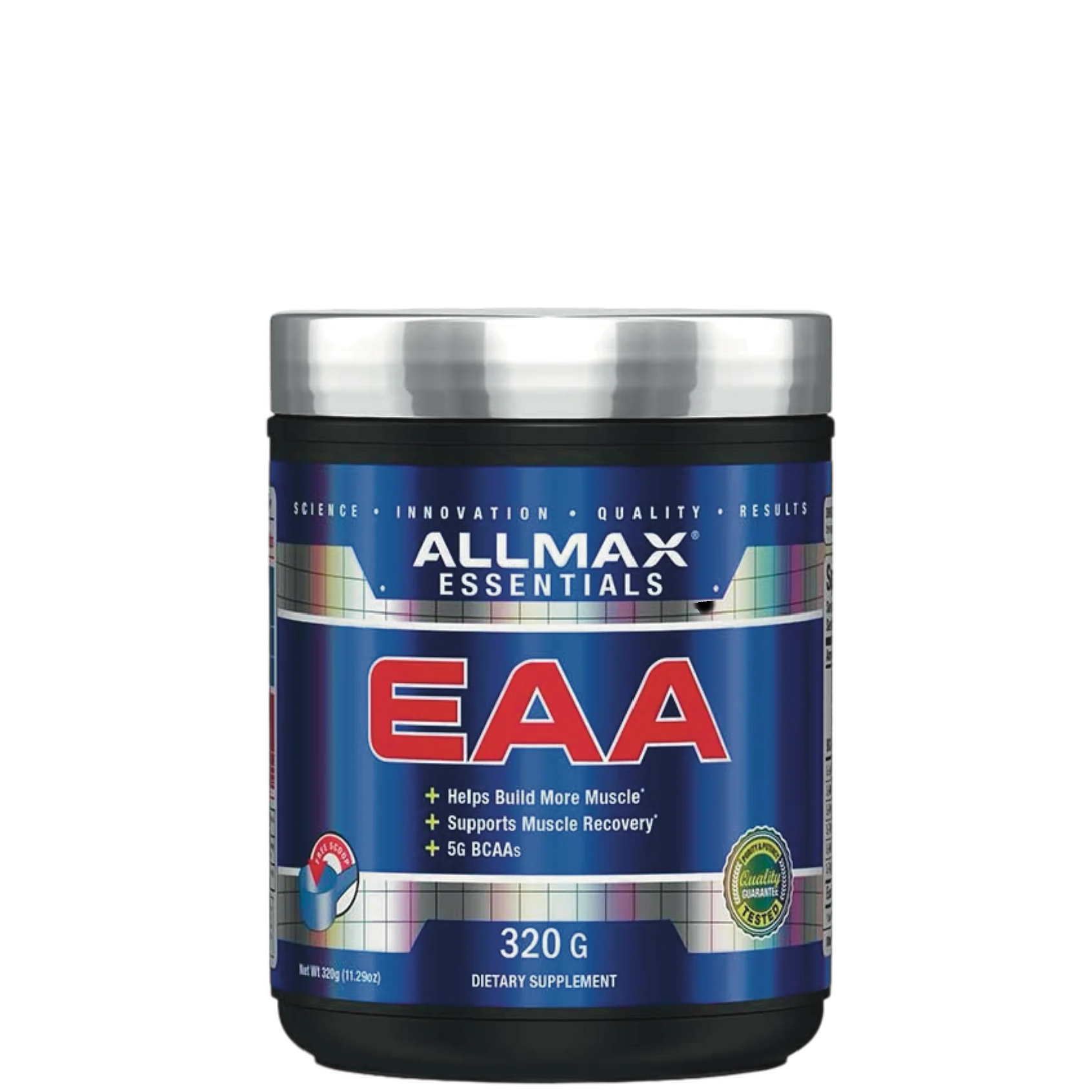 A container of Allmax Essentials EAA (Essential Amino Acids) supplement, primarily blue and white in color.