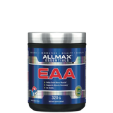 A container of Allmax Essentials EAA (Essential Amino Acids) supplement, primarily blue and white in color.