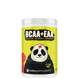 A container of Panda Supps BCAA + EAA + HYDRATION supplement powder with an illustration of a panda on the label.