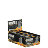 A box of ANABAR protein bars in a peanut butter flavor, with packaging that features the brand name and the flavor, against a dark background.