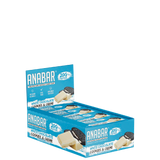 A box of ANABAR protein bars in a peanut butter flavor, with packaging that features the brand name and the flavor, against a dark background.
