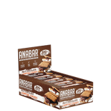 A box of ANABAR protein bars in a peanut butter flavor, with packaging that features the brand name and the flavor, against a dark background.