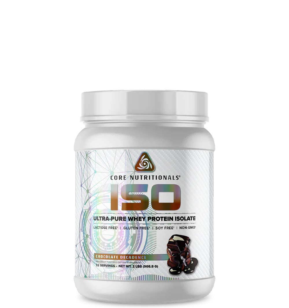 A container of Core Nutritionals ISO whey protein isolate with a white lid, branding, and a picture of a cherry on the front.