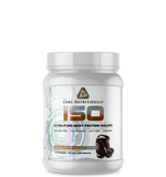 A container of Core Nutritionals ISO whey protein isolate with a white lid, branding, and a picture of a cherry on the front.