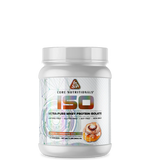 A container of Core Nutritionals ISO whey protein isolate with a white lid, branding, and a picture of a cherry on the front.