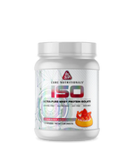 A container of Core Nutritionals ISO whey protein isolate with a white lid, branding, and a picture of a cherry on the front.