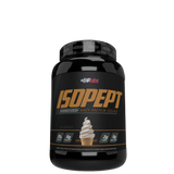 A container of ISOPEPT Hydrolyzed Whey Protein Isolate powder, with branding and product information displayed on the label.