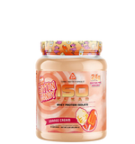 A container of ISO Clear - Whey Protein Isolate with an orange label featuring cotton candy illustrations.