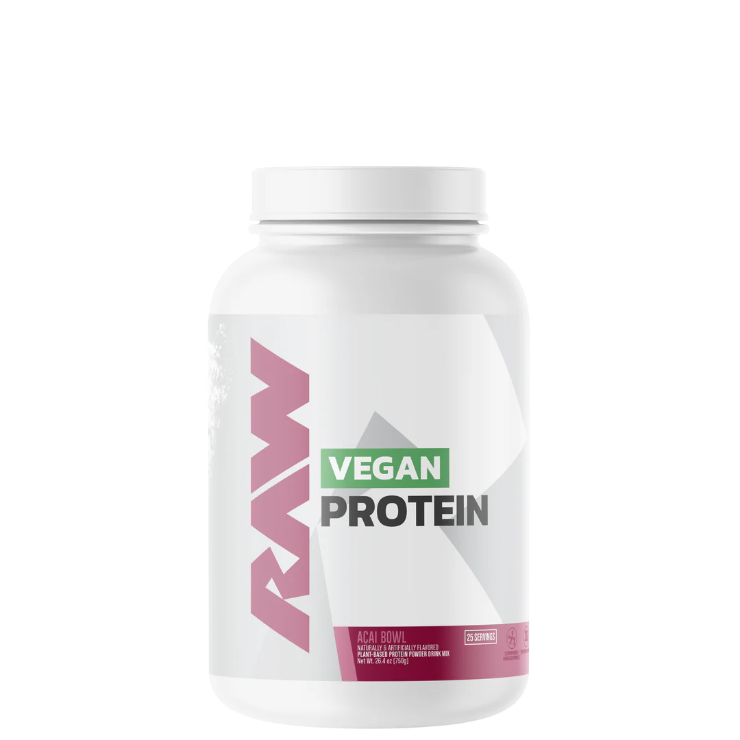 A container of RAW Vegan Protein powder with a pink label on a white background.