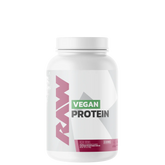 A container of RAW Vegan Protein powder with a pink label on a white background.