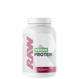 A container of RAW Vegan Protein powder with a pink label on a white background.