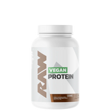 A container of RAW Vegan Protein powder with a pink label on a white background.