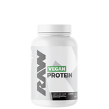 A container of RAW Vegan Protein powder with a pink label on a white background.