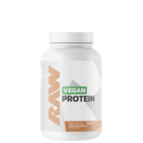 A container of RAW Vegan Protein powder with a pink label on a white background.
