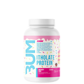 A container of CBUM Itholate Protein powder with a colorful label featuring graphics and text.