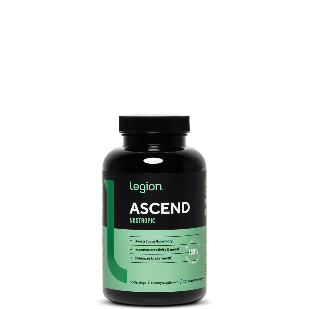 A black bottle of Legion Ascend Nootropic supplement with a green label, detailing product benefits and ingredients.