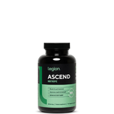 A black bottle of Legion Ascend Nootropic supplement with a green label, detailing product benefits and ingredients.