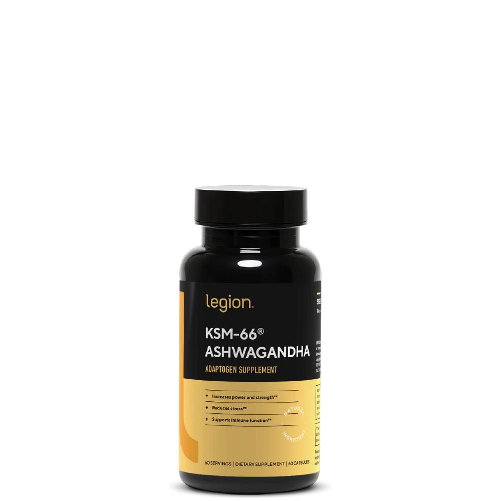 A bottle of Legion KSM-66 Ashwagandha supplement with a black and yellow label, against a white background.