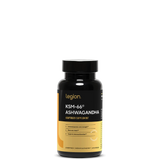 A bottle of Legion KSM-66 Ashwagandha supplement with a black and yellow label, against a white background.