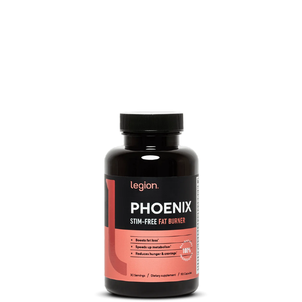 A bottle of Phoenix Stim-Free Fat Burner by Legion Athletics, a supplement designed for weight loss.