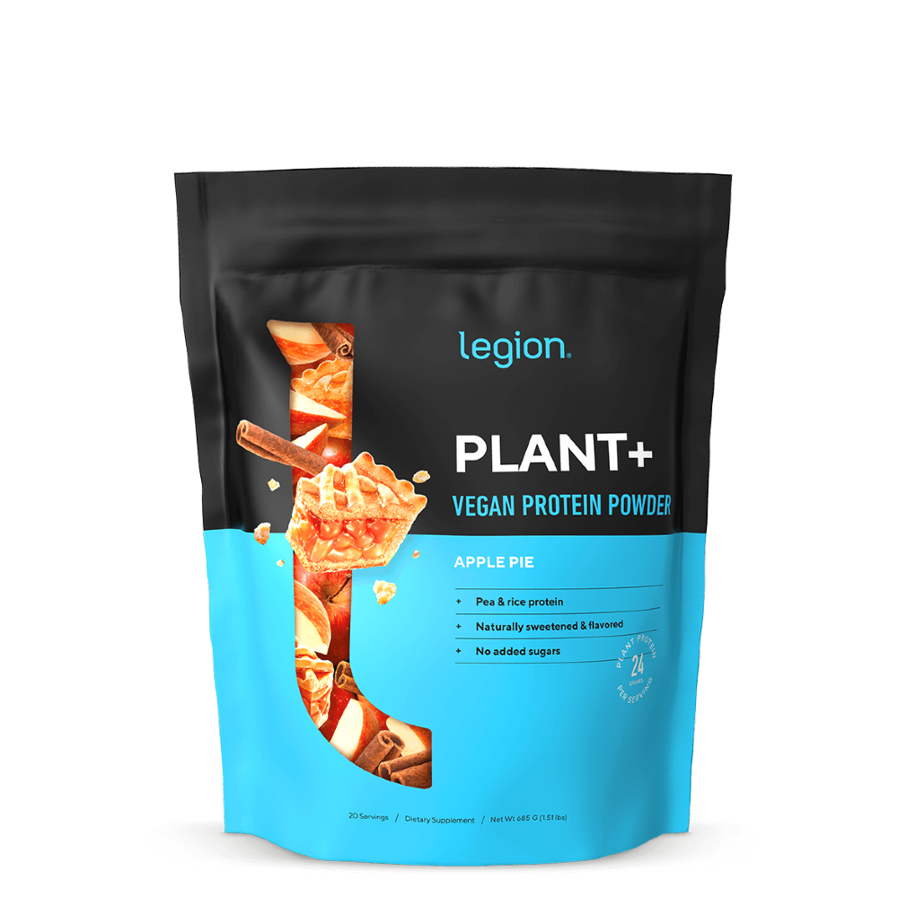 A sealed pouch of Legion Plant+ Vegan Protein Powder, Apple Pie flavor. The packaging is predominantly black and blue with an image of an apple pie and pieces of apples.