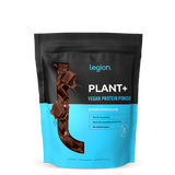 A sealed pouch of Legion Plant+ Vegan Protein Powder, Dutch Chocolate flavor. The packaging is predominantly black and blue.