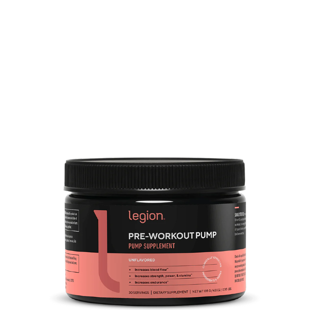 A container of Legion Athletics Pre-Workout Pump Supplement with black and pink label.