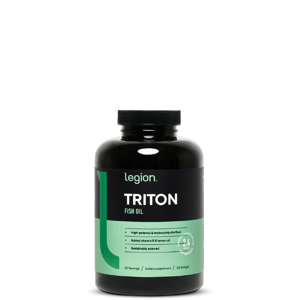 A bottle of Legion Triton Fish Oil supplements with black and green labeling.