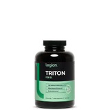 A bottle of Legion Triton Fish Oil supplements with black and green labeling.