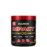 A container of Allmax Impact Igniter Xtreme pre-workout supplement with red and black color scheme and product information.