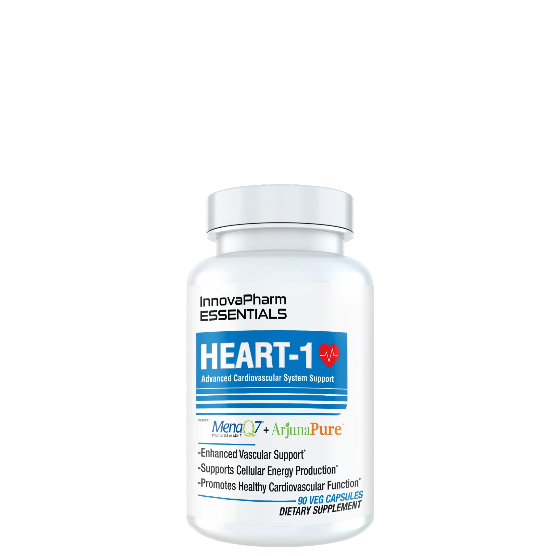 A bottle of Innovapharm Essentials Heart-1, which is a dietary supplement for cardiovascular health.