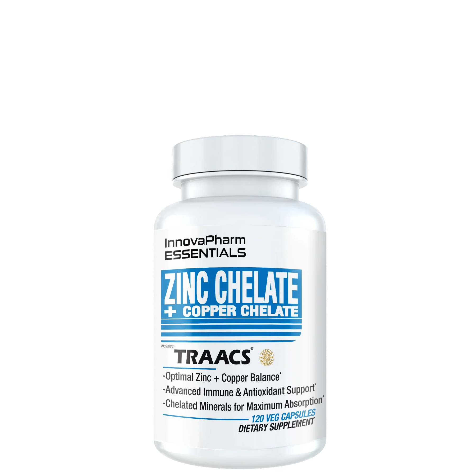 A bottle of InnovaPharm Essentials Zinc Chelate + Copper Chelate dietary supplement.