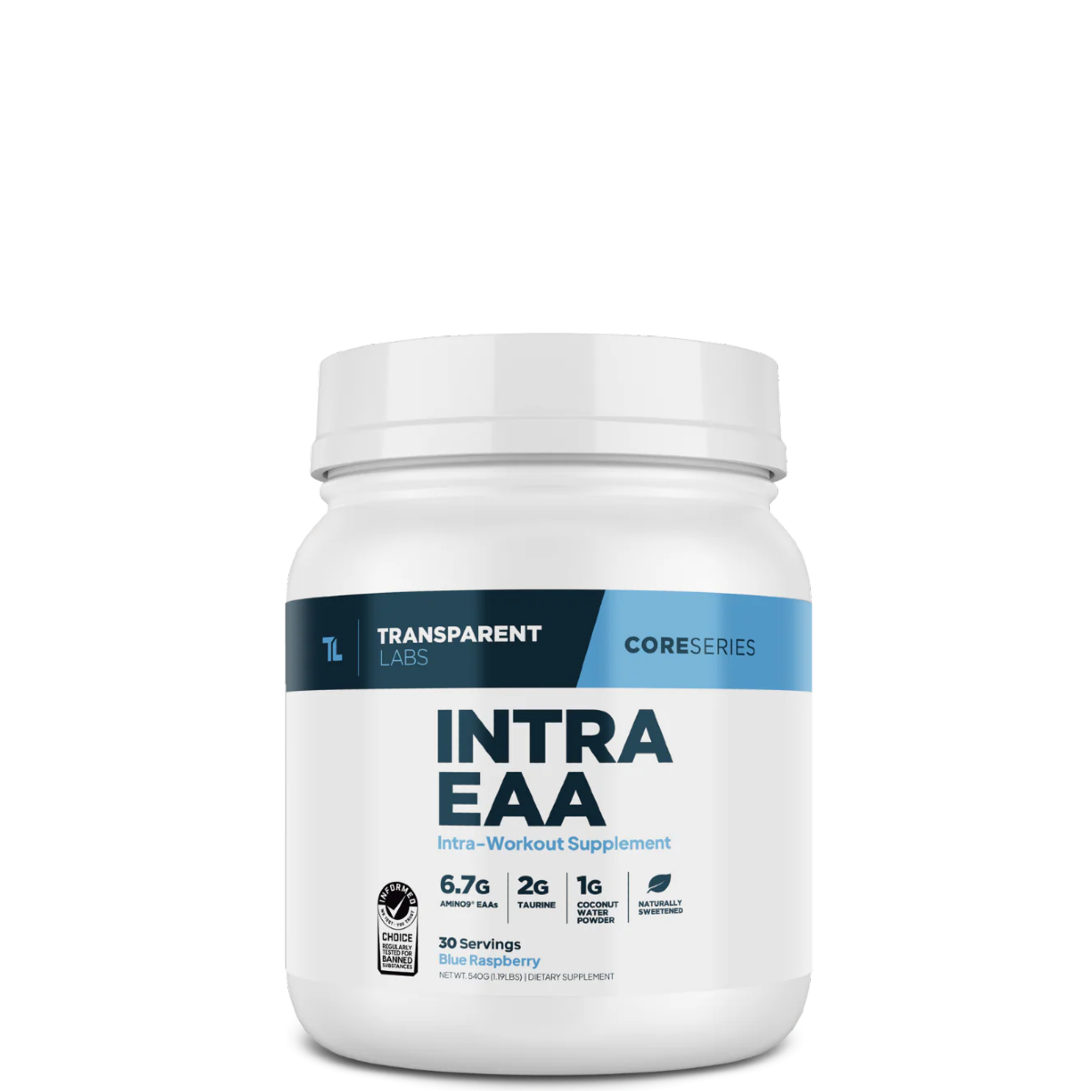 A container of Transparent Labs INTRA EAA intra-workout supplement powder with labels indicating essential amino acids with no visible artificial colors or flavors.