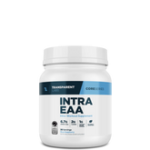 A container of Transparent Labs INTRA EAA intra-workout supplement powder with labels indicating essential amino acids with no visible artificial colors or flavors.