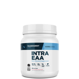 A container of Transparent Labs INTRA EAA intra-workout supplement powder with labels indicating essential amino acids with no visible artificial colors or flavors.
